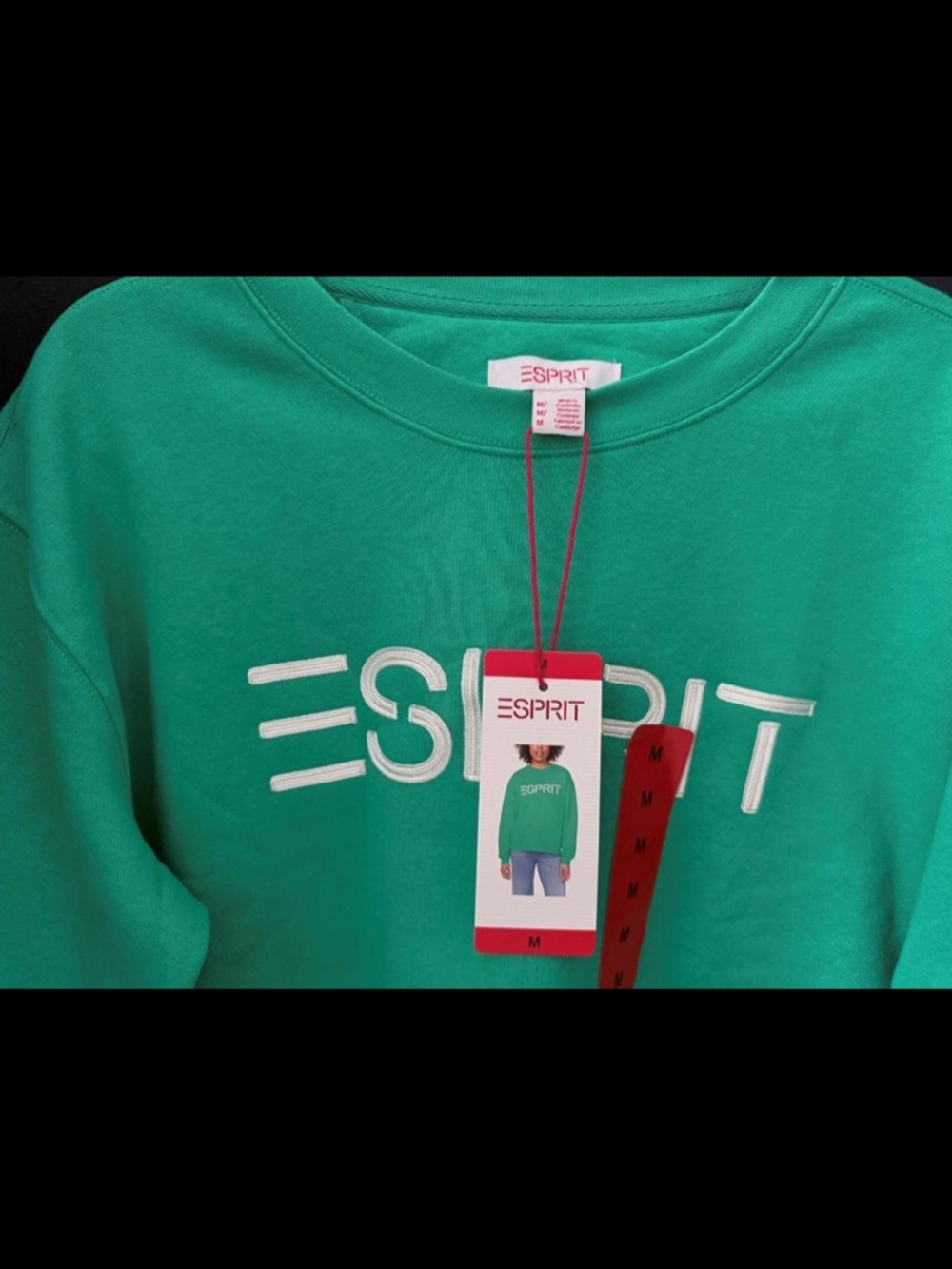 NWT Esprit Women's Logo Fleece Crewneck Sweatshirt Green White Retro Medium - Picture 2 of 7